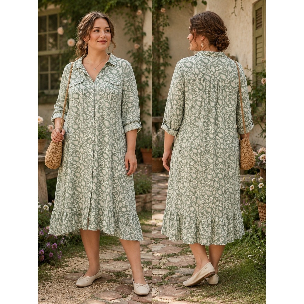 Linda Anderson cottagecore Shirt Dress  Large Green Floral Paisley Ruffle